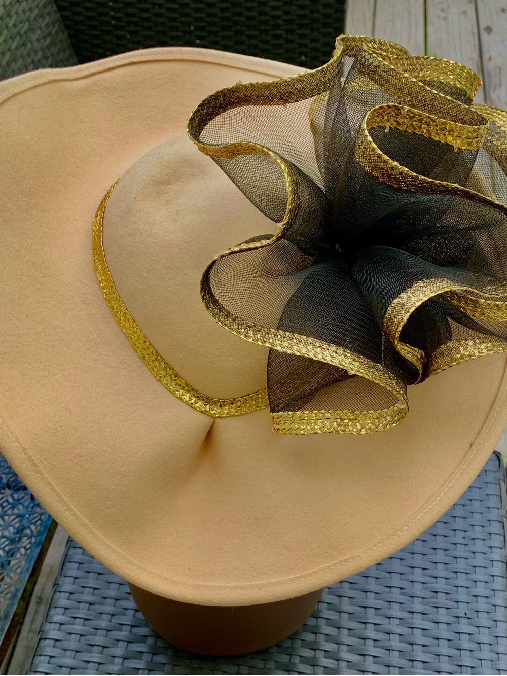 Beige Wide-Brim Dress Hat with Black & Gold Bow Accent - Picture 12 of 14